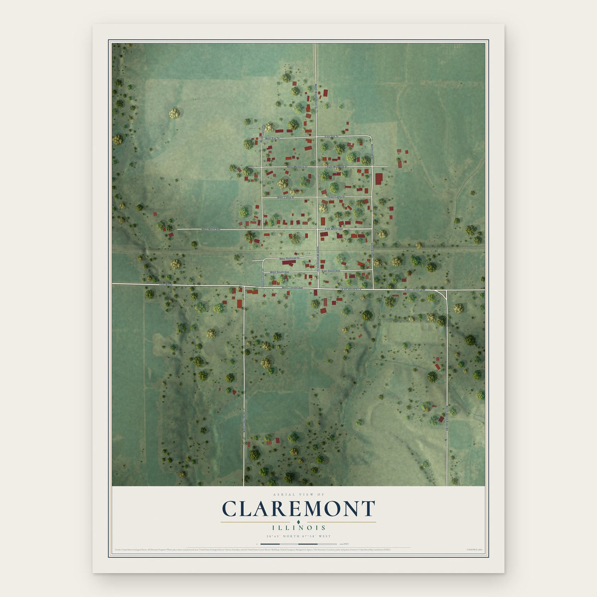 Claremont, Illinois map print, the full design