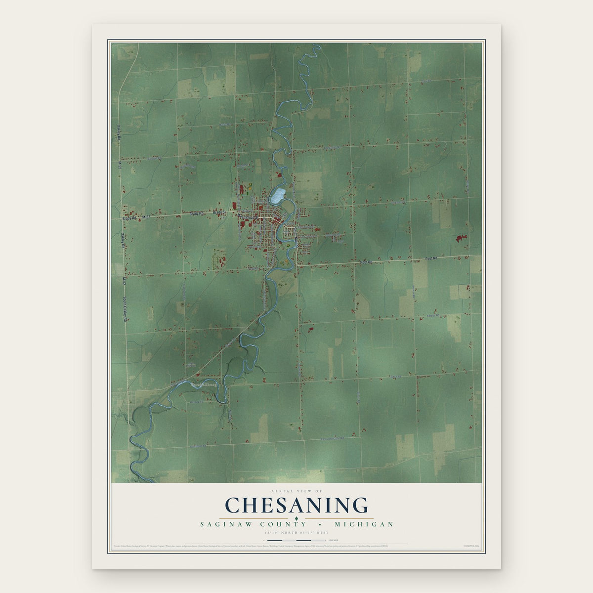 Chesaning, Saginaw County, Michigan map print, the full design