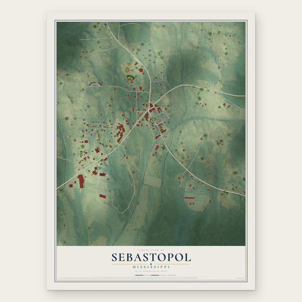 Sebastopol, Mississippi map print, the full design
