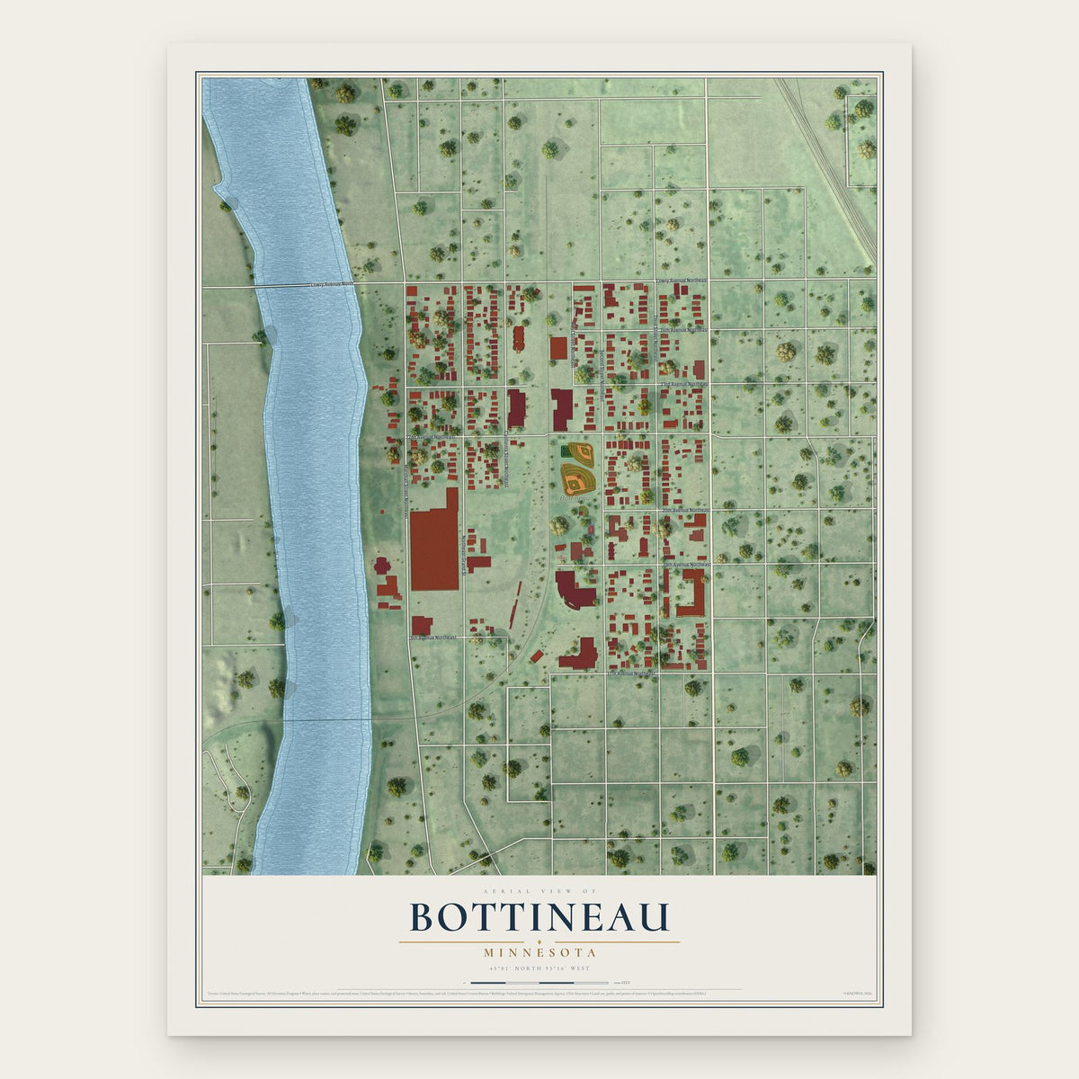 Bottineau, Minnesota map print, the full design