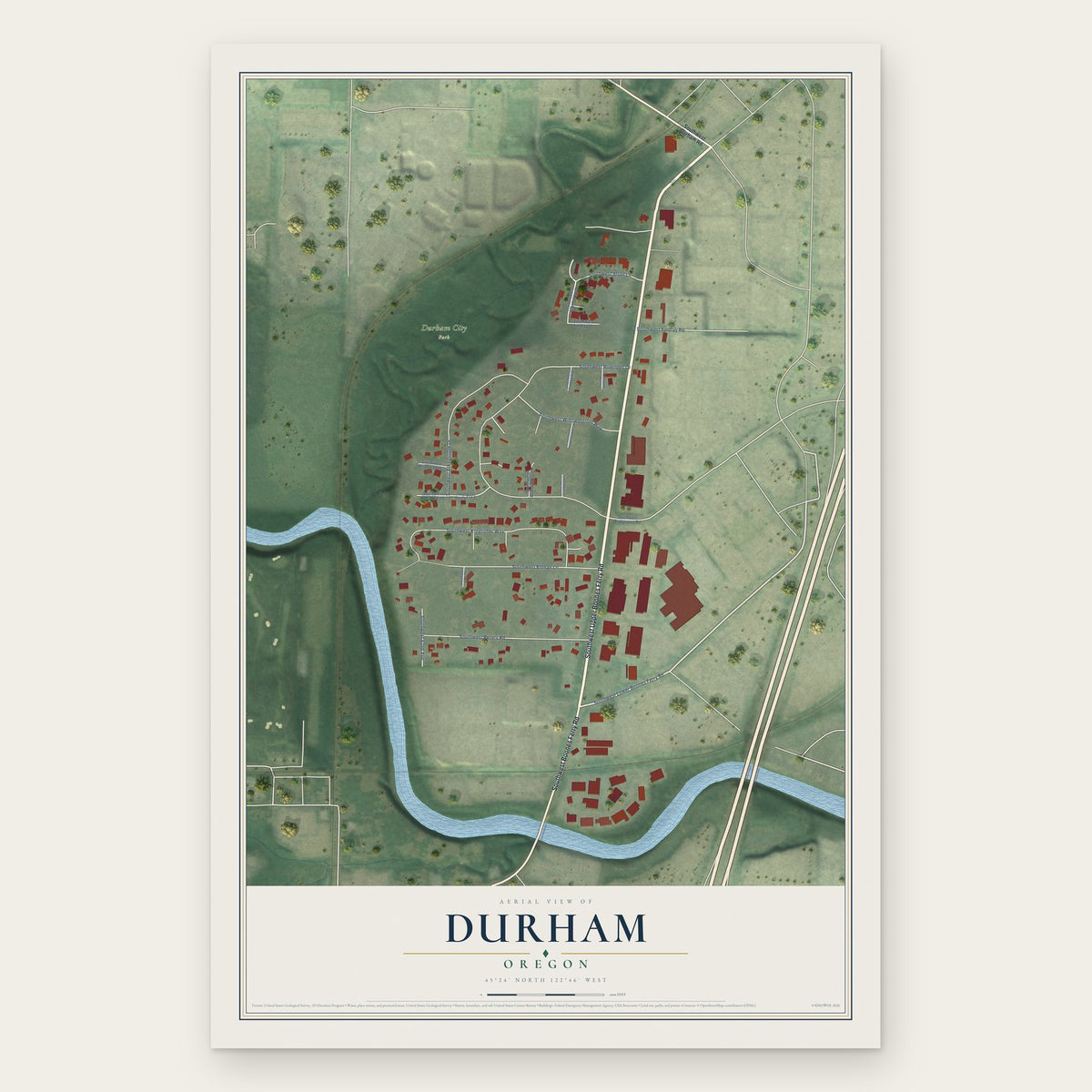 Durham, Oregon map print, the full design