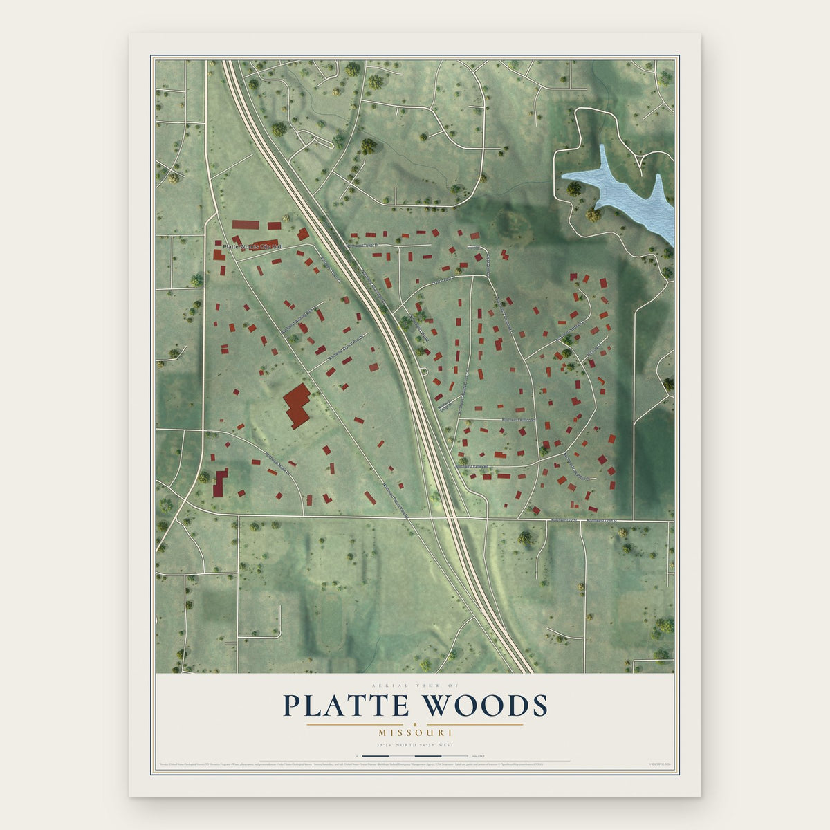Platte Woods, Missouri map print, the full design