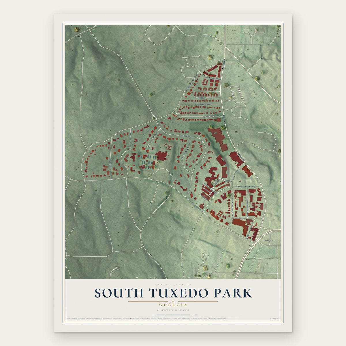 South Tuxedo Park, Georgia map print, the full design