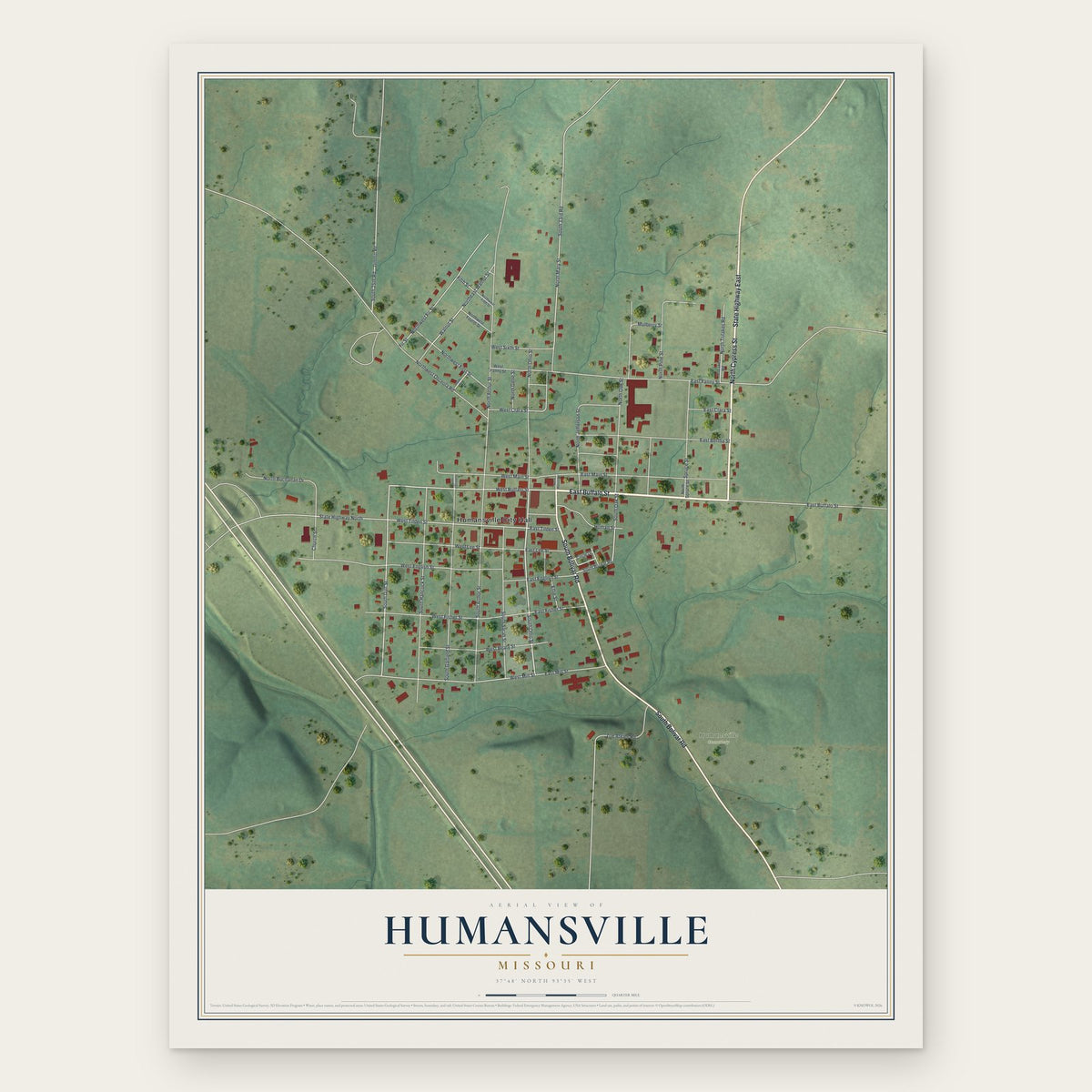 Humansville, Missouri map print, the full design