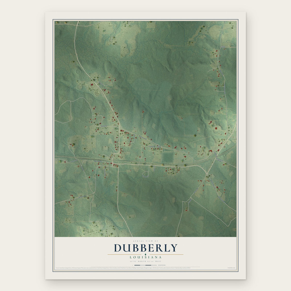 Dubberly, Louisiana map print, the full design