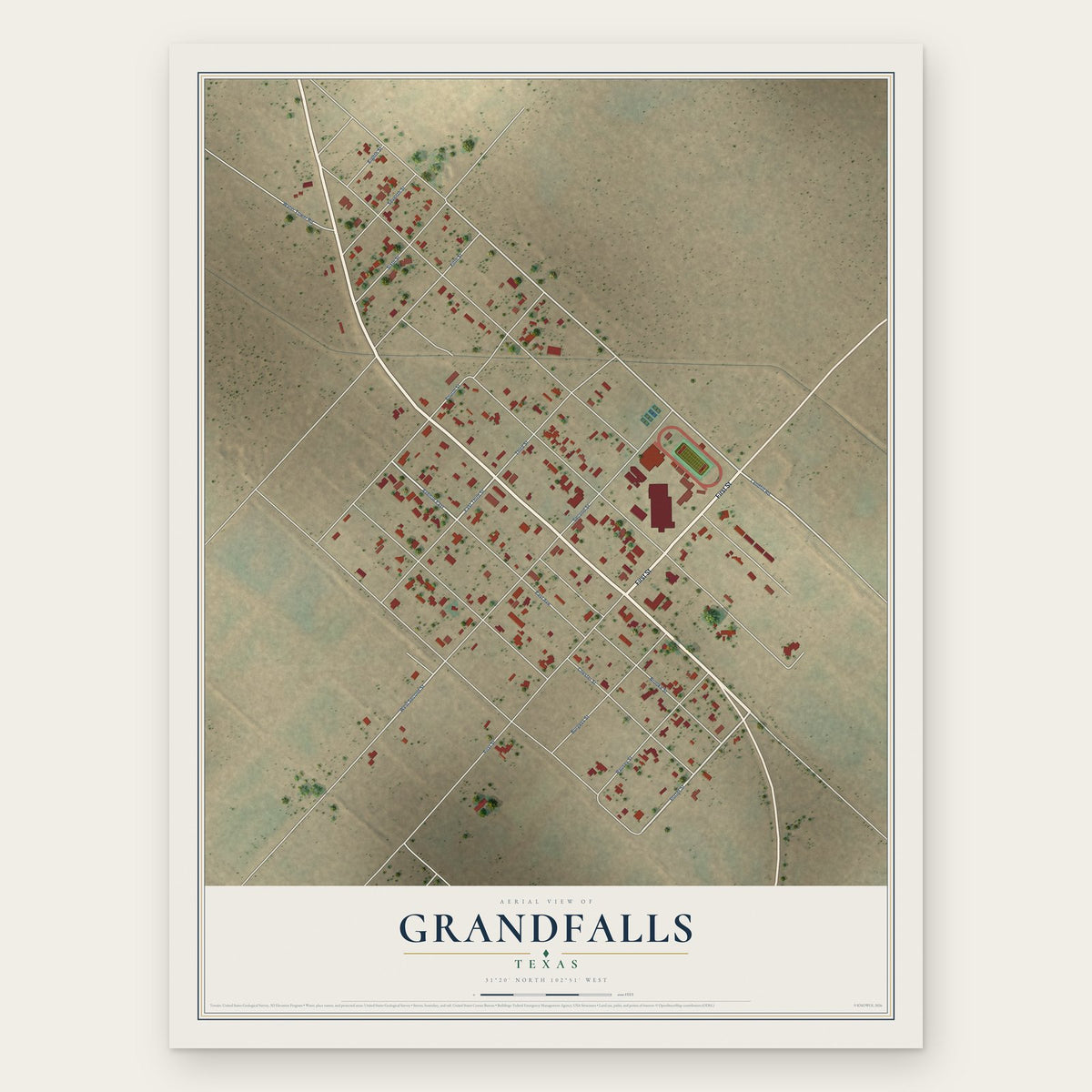 Grandfalls, Texas map print, the full design