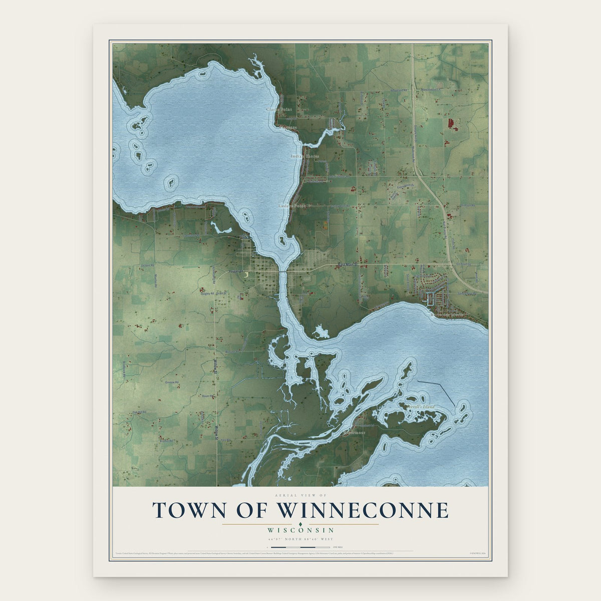 Town of Winneconne, Wisconsin map print, the full design