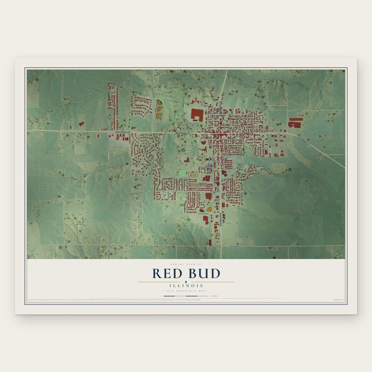 Red Bud, Illinois map print, the full design