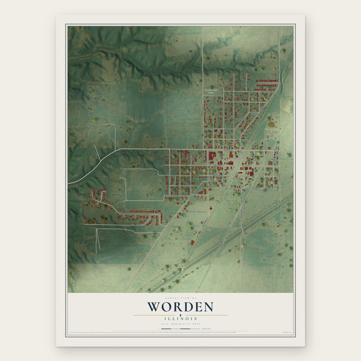 Worden, Illinois map print, the full design