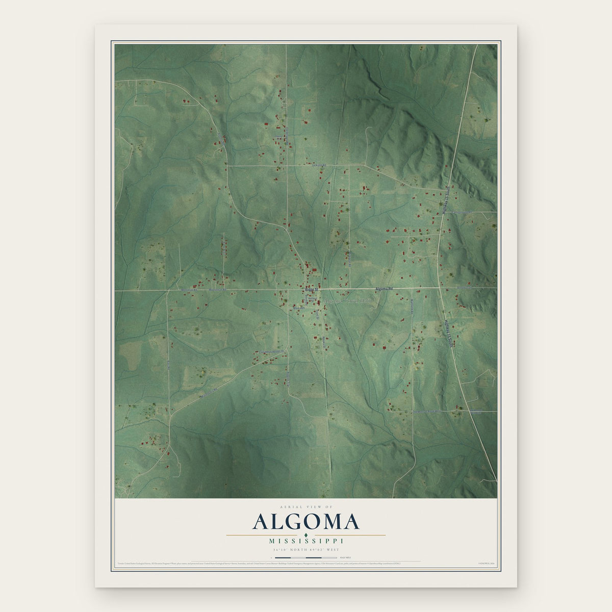 Algoma, Mississippi map print, the full design