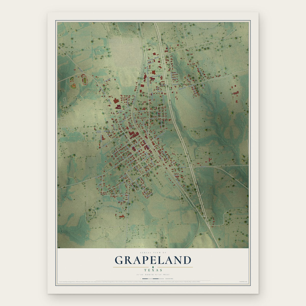Grapeland, Texas map print, the full design