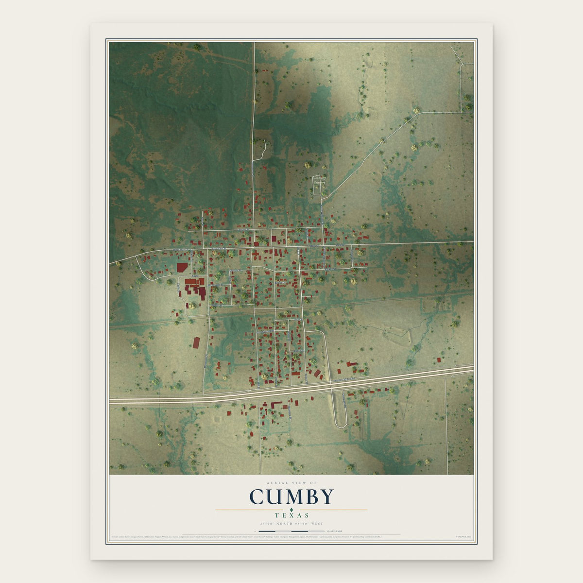 Cumby, Texas map print, the full design