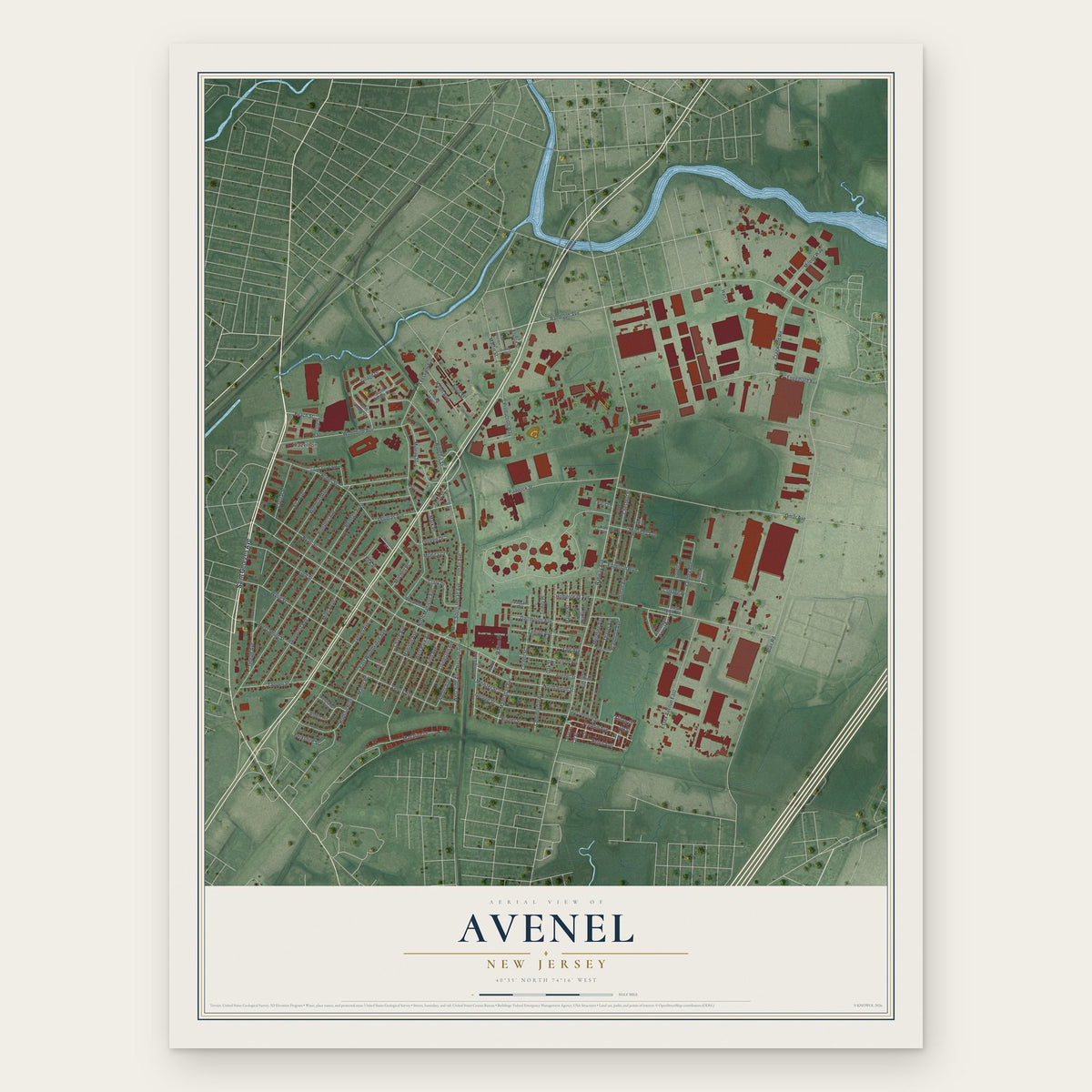 Avenel, New Jersey map print, the full design