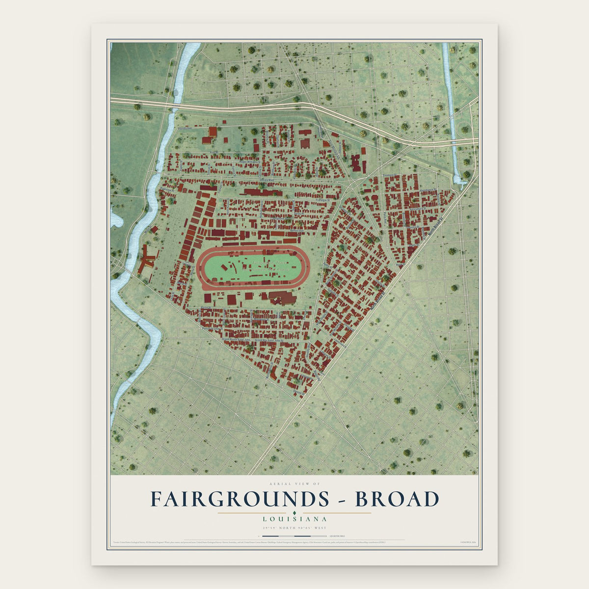 Fairgrounds - Broad, Louisiana map print, the full design