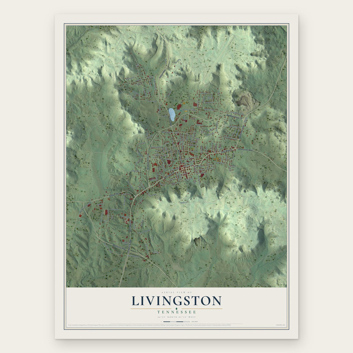 Livingston, Tennessee map print, the full design