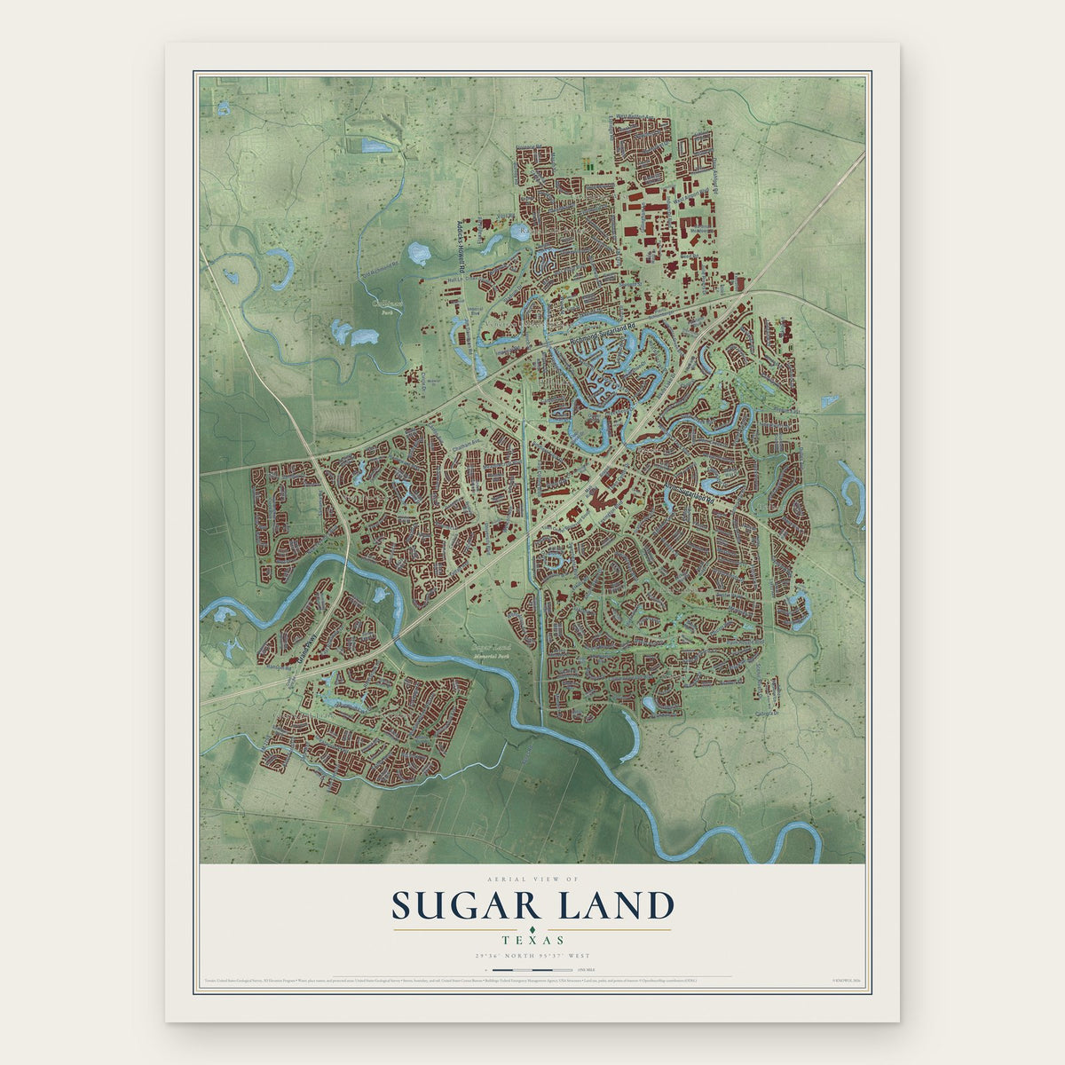 Sugar Land, Texas map print, the full design