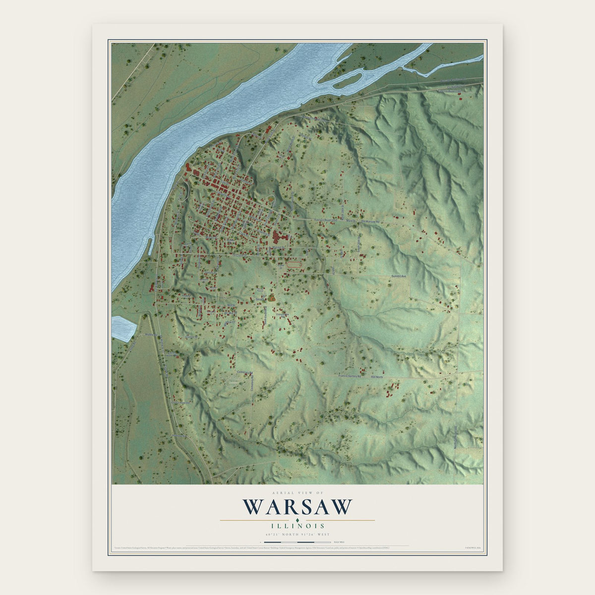 Warsaw, Illinois map print, the full design