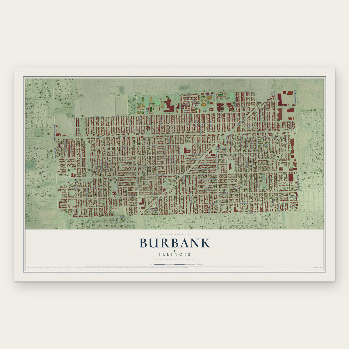 Burbank, Illinois map print, the full design