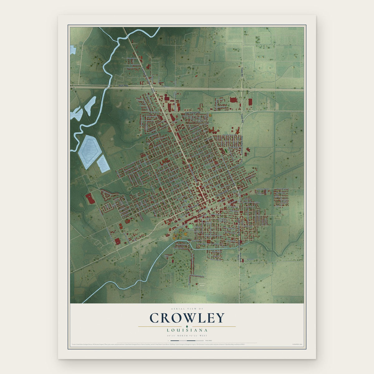 Crowley, Louisiana map print, the full design