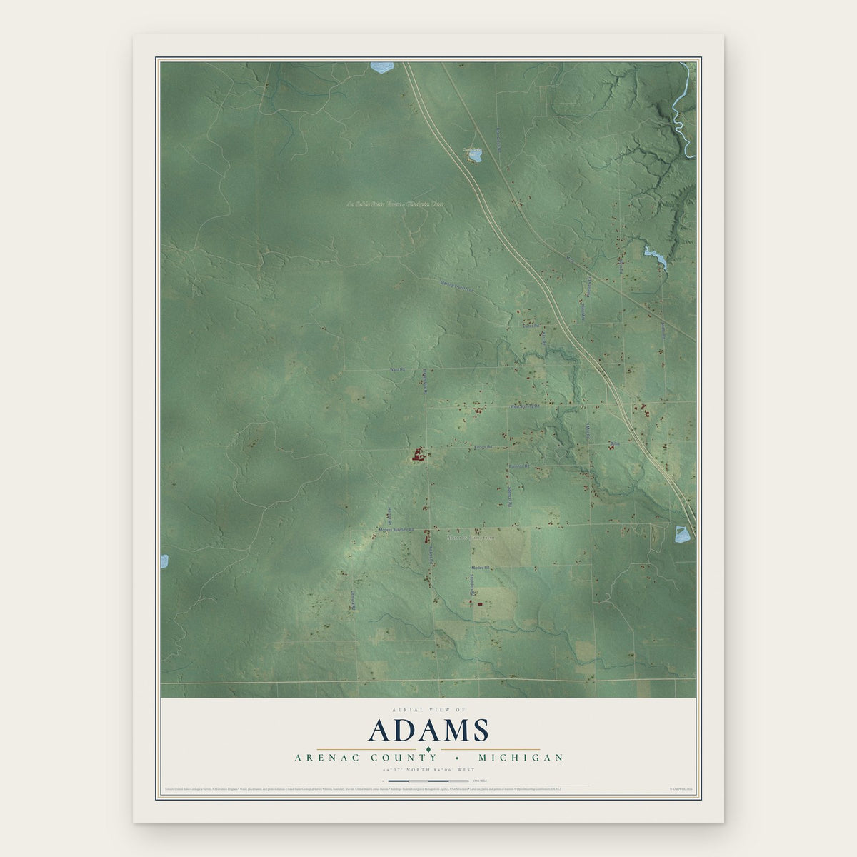 Adams, Arenac County, Michigan map print, the full design