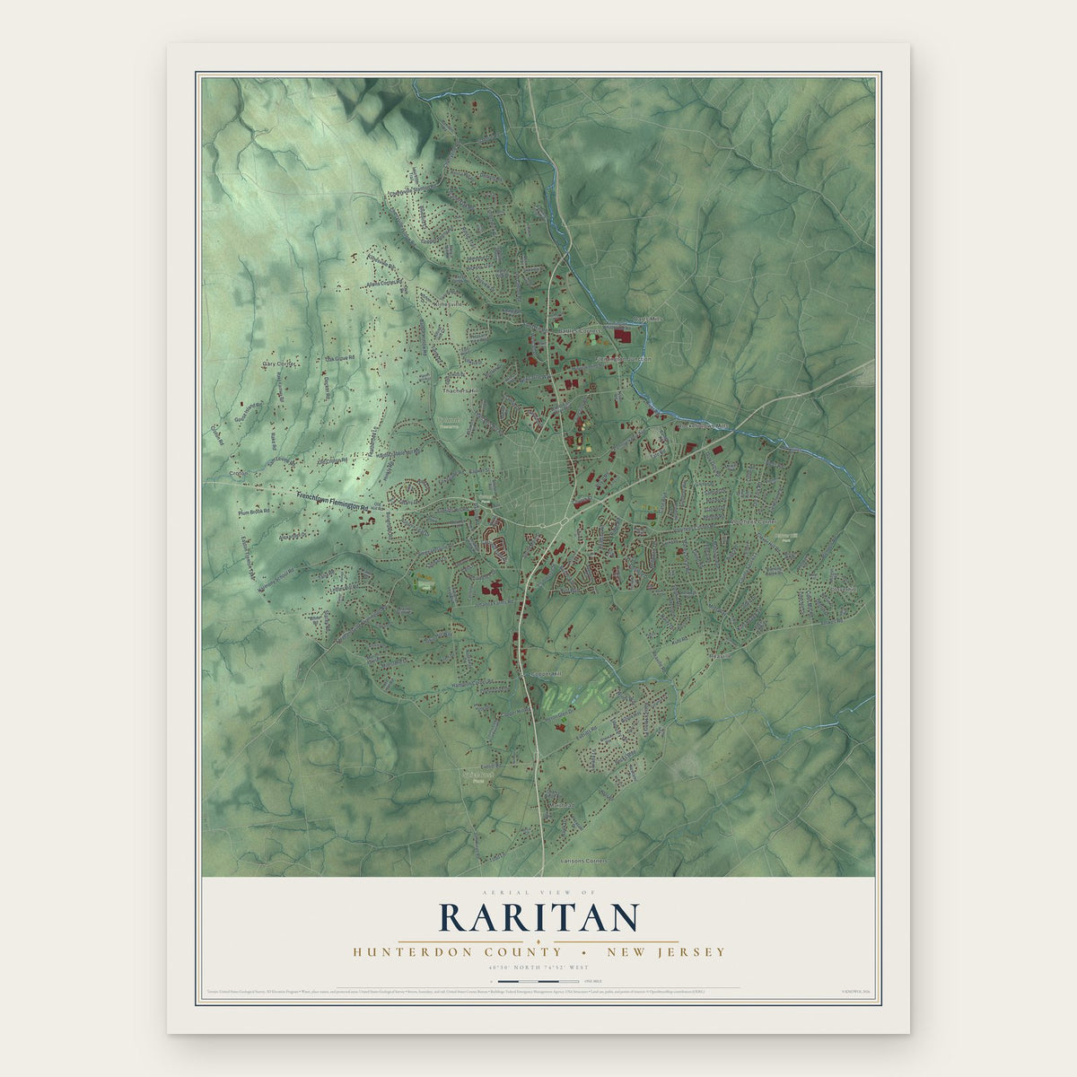 Raritan, Hunterdon County, New Jersey map print, the full design