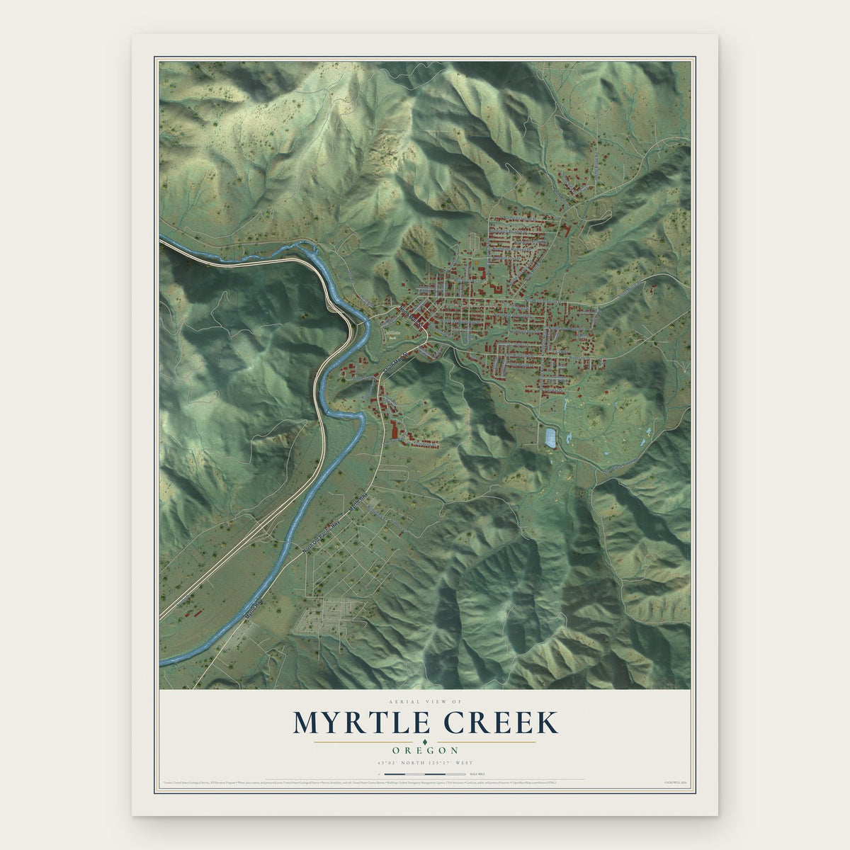 Myrtle Creek, Oregon map print, the full design