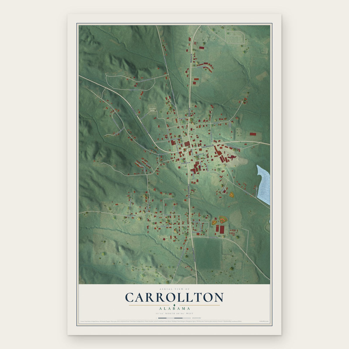 Carrollton, Alabama map print, the full design