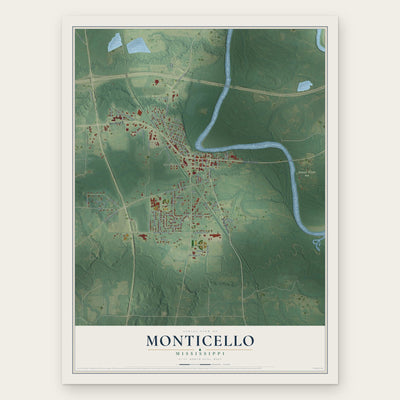 Monticello, Mississippi map print, the full design