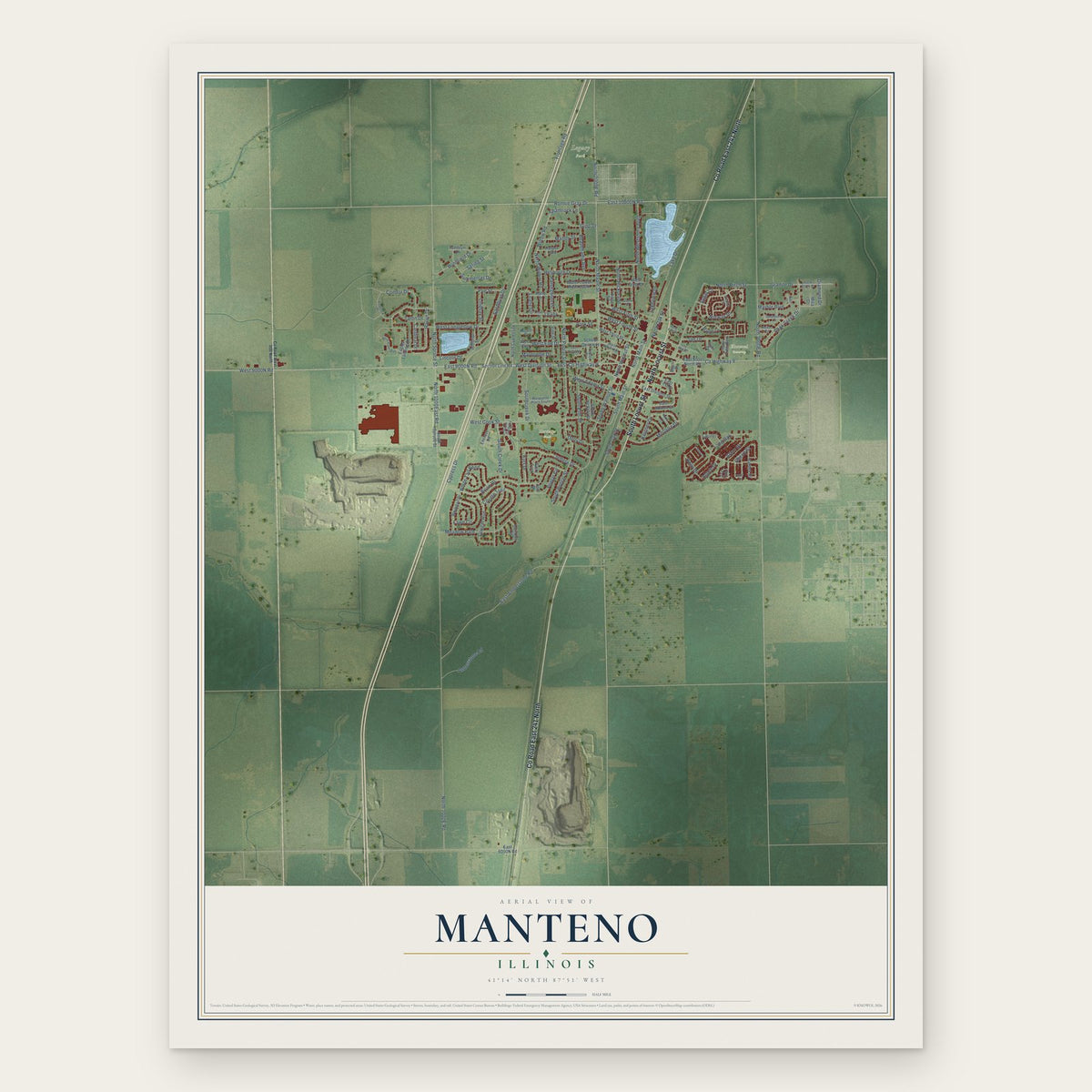 Manteno, Illinois map print, the full design