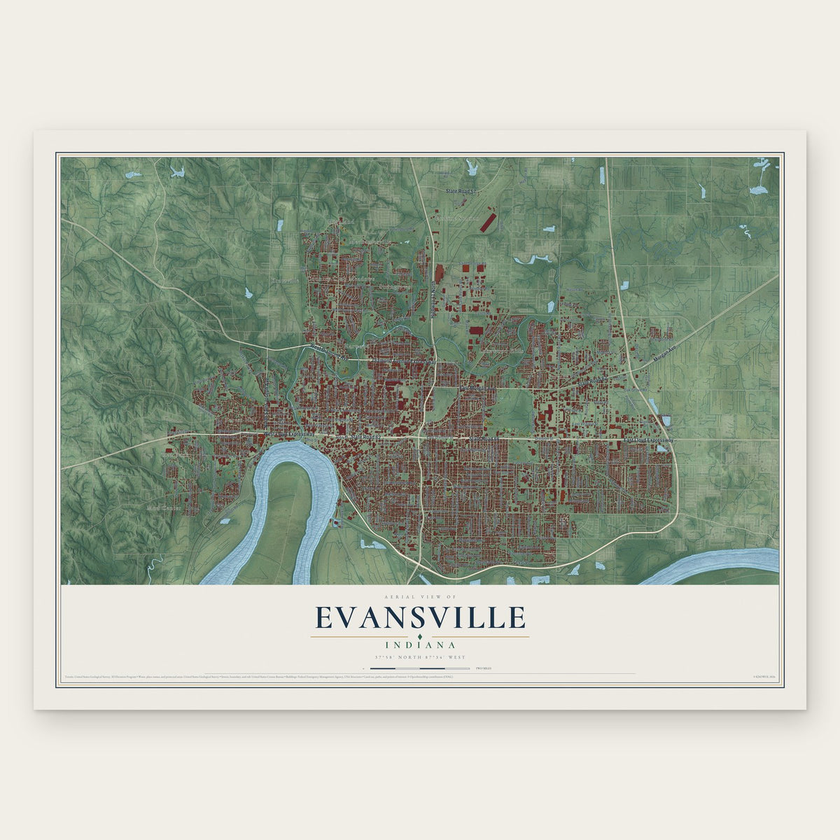 Evansville, Indiana map print, the full design