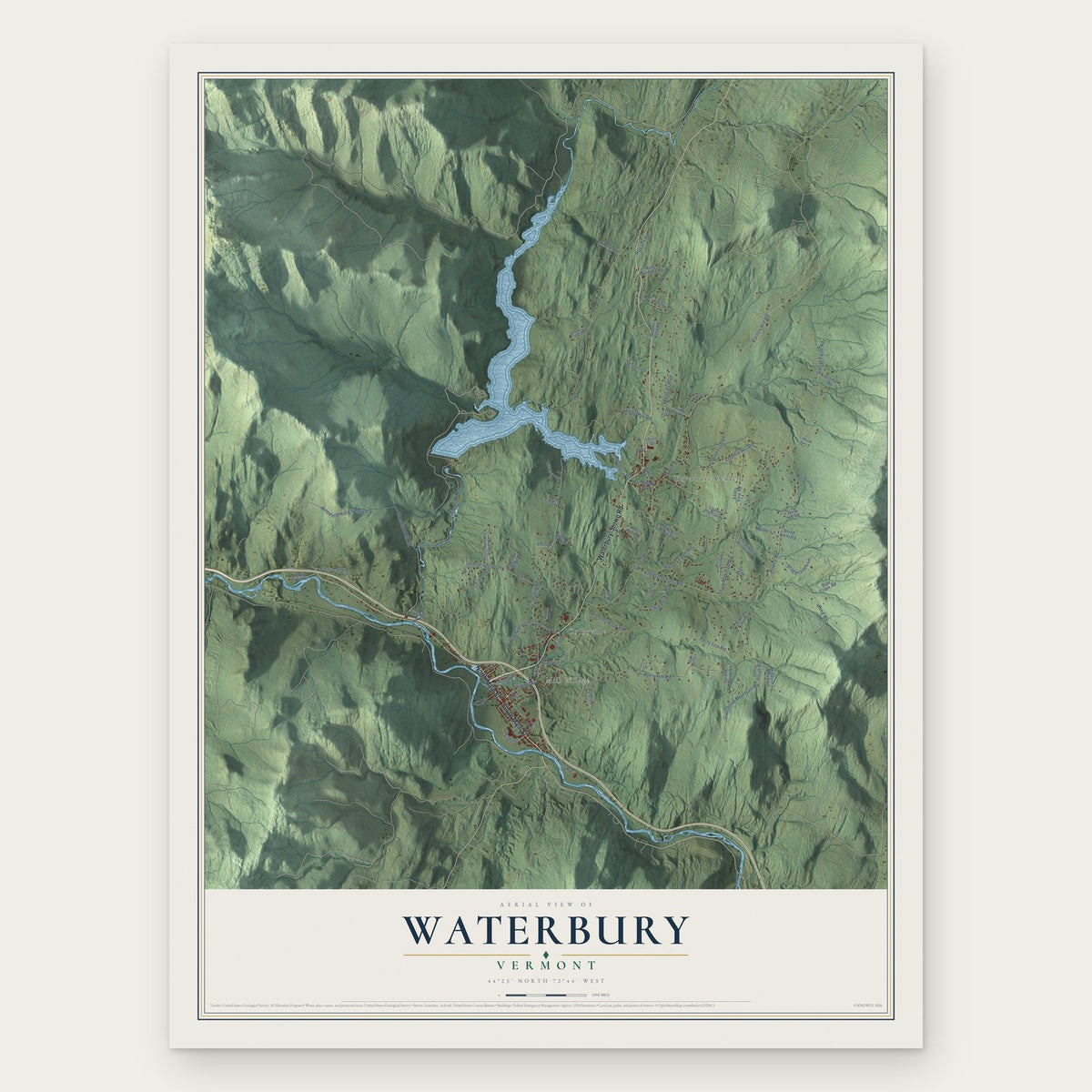 Waterbury, Vermont map print, the full design