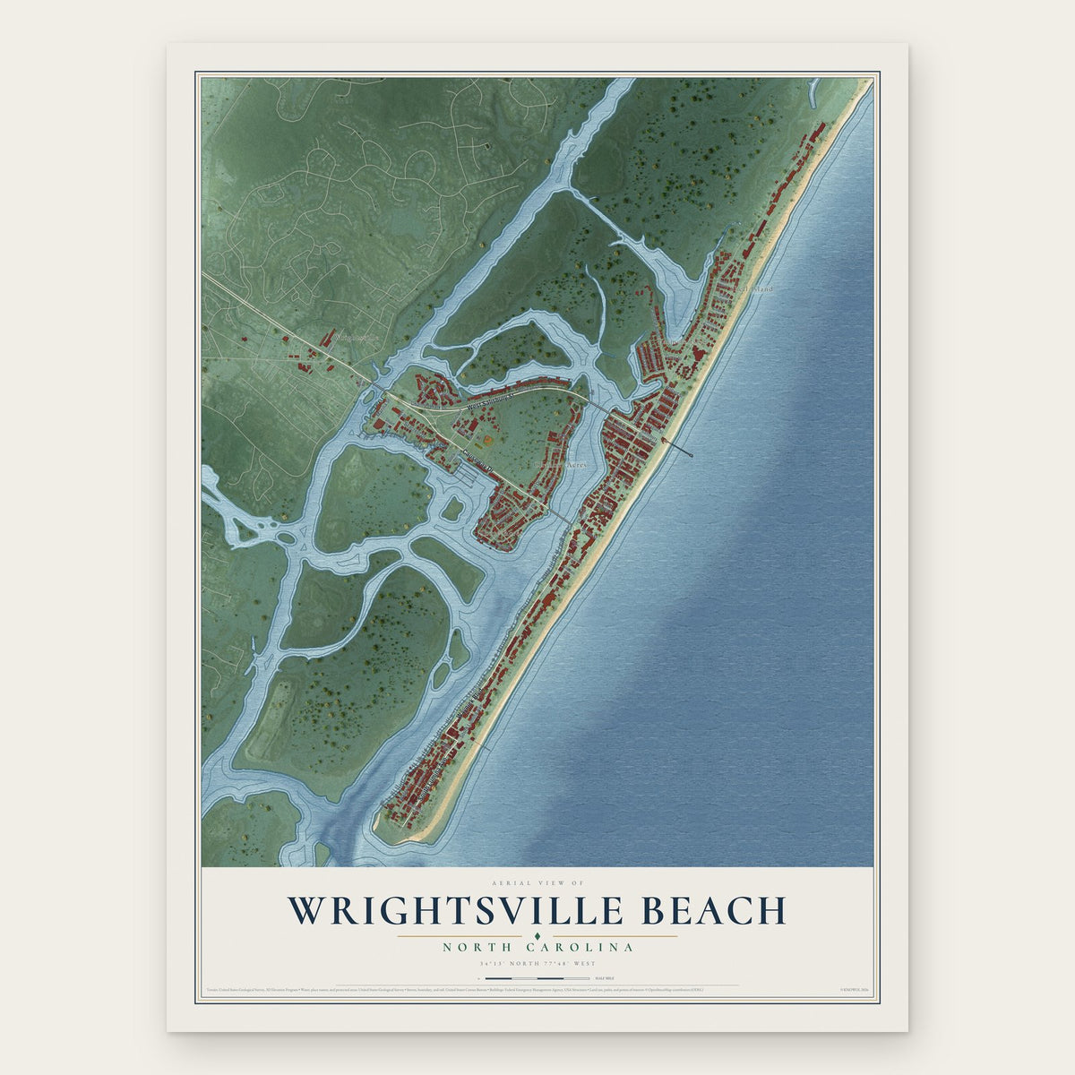 Wrightsville Beach, North Carolina map print, the full design