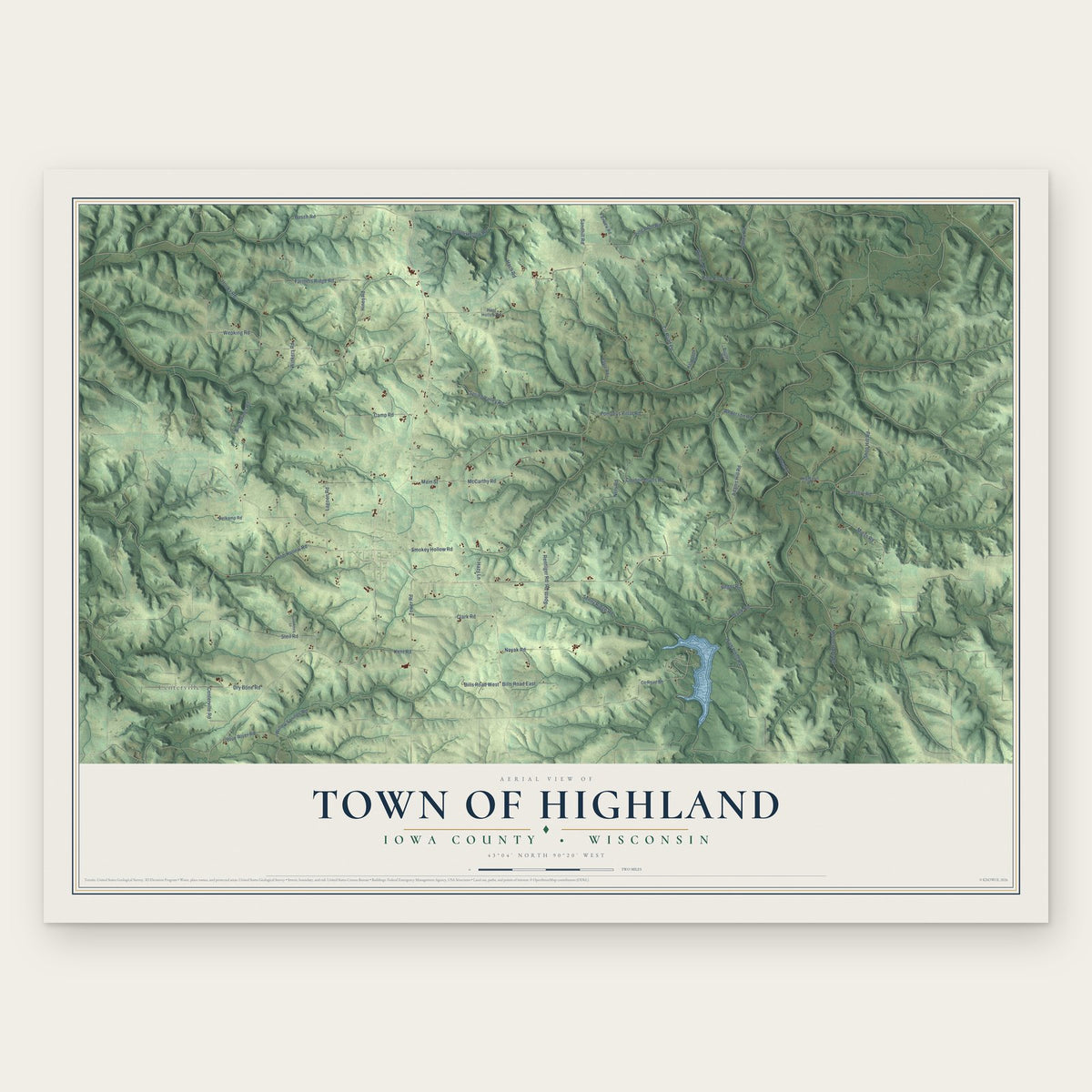Town of Highland, Iowa County, Wisconsin map print, the full design