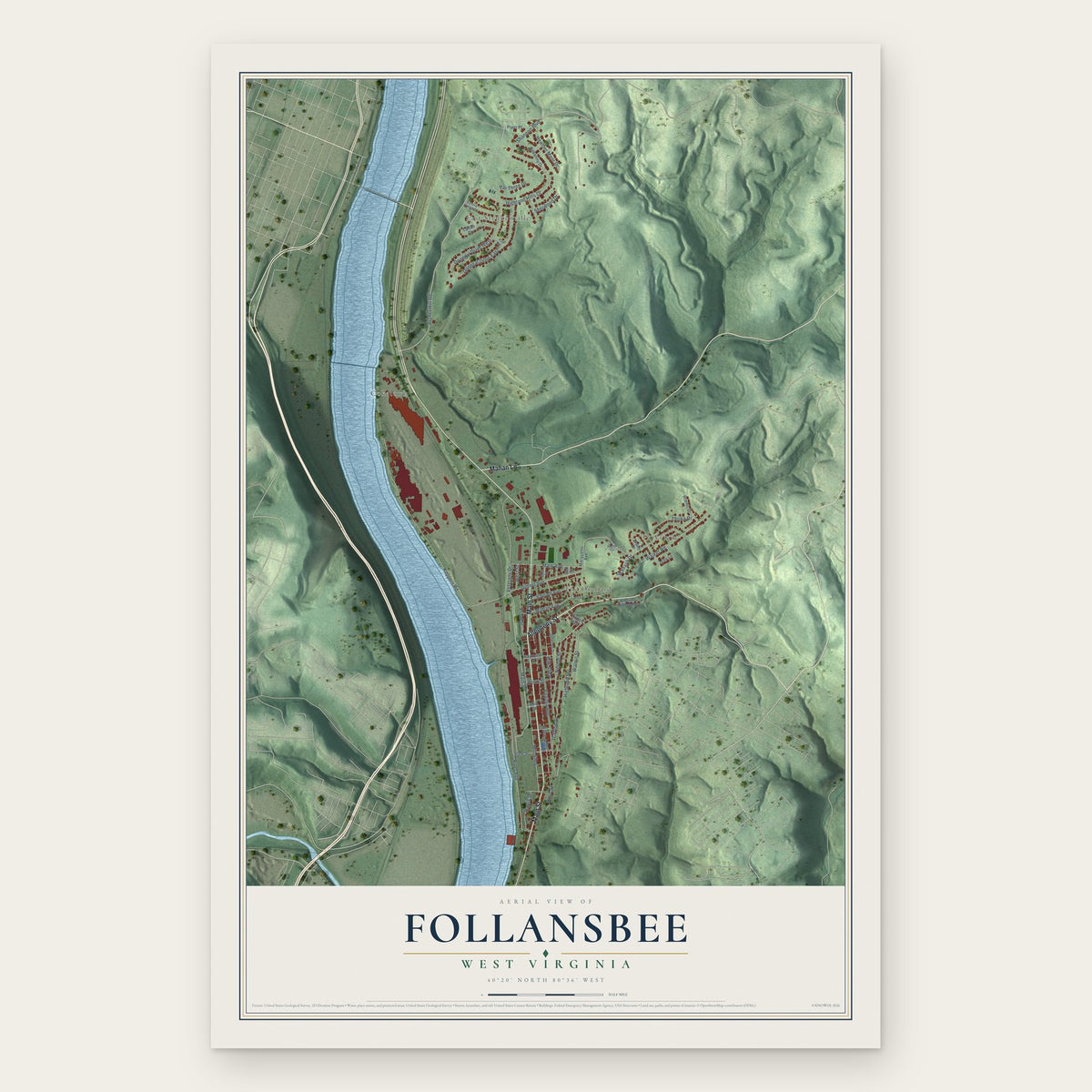 Follansbee, West Virginia map print, the full design