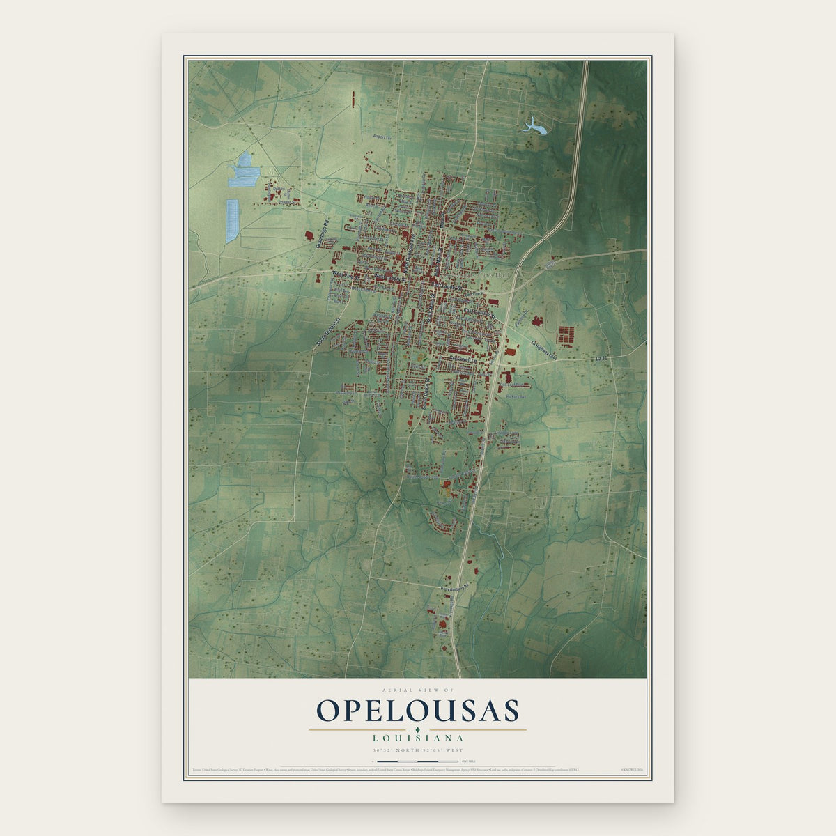 Opelousas, Louisiana map print, the full design