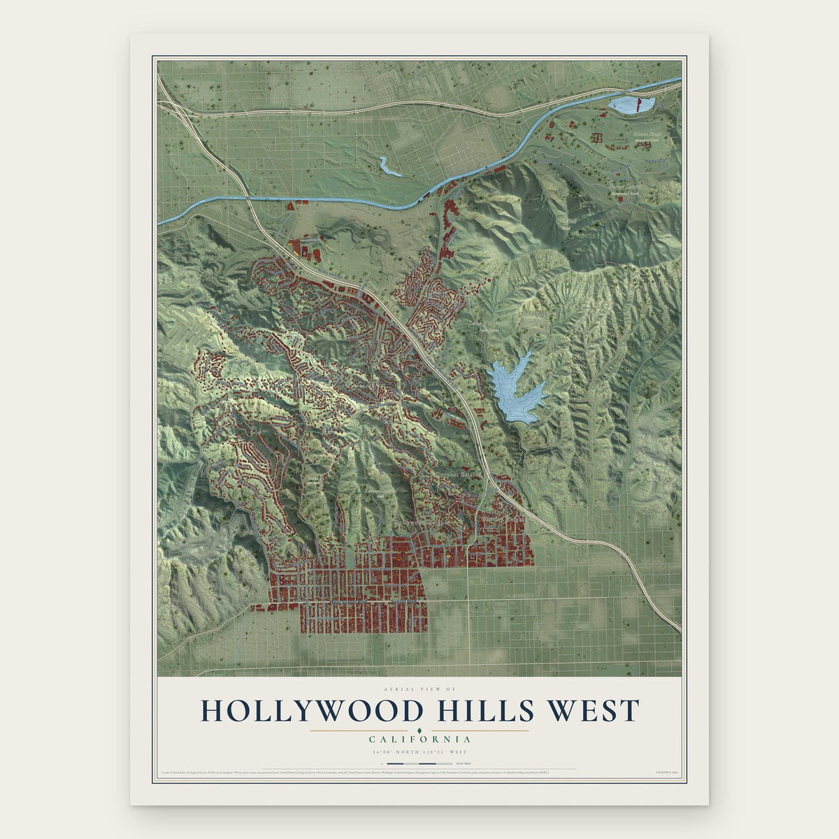 Hollywood Hills West, California map print, the full design