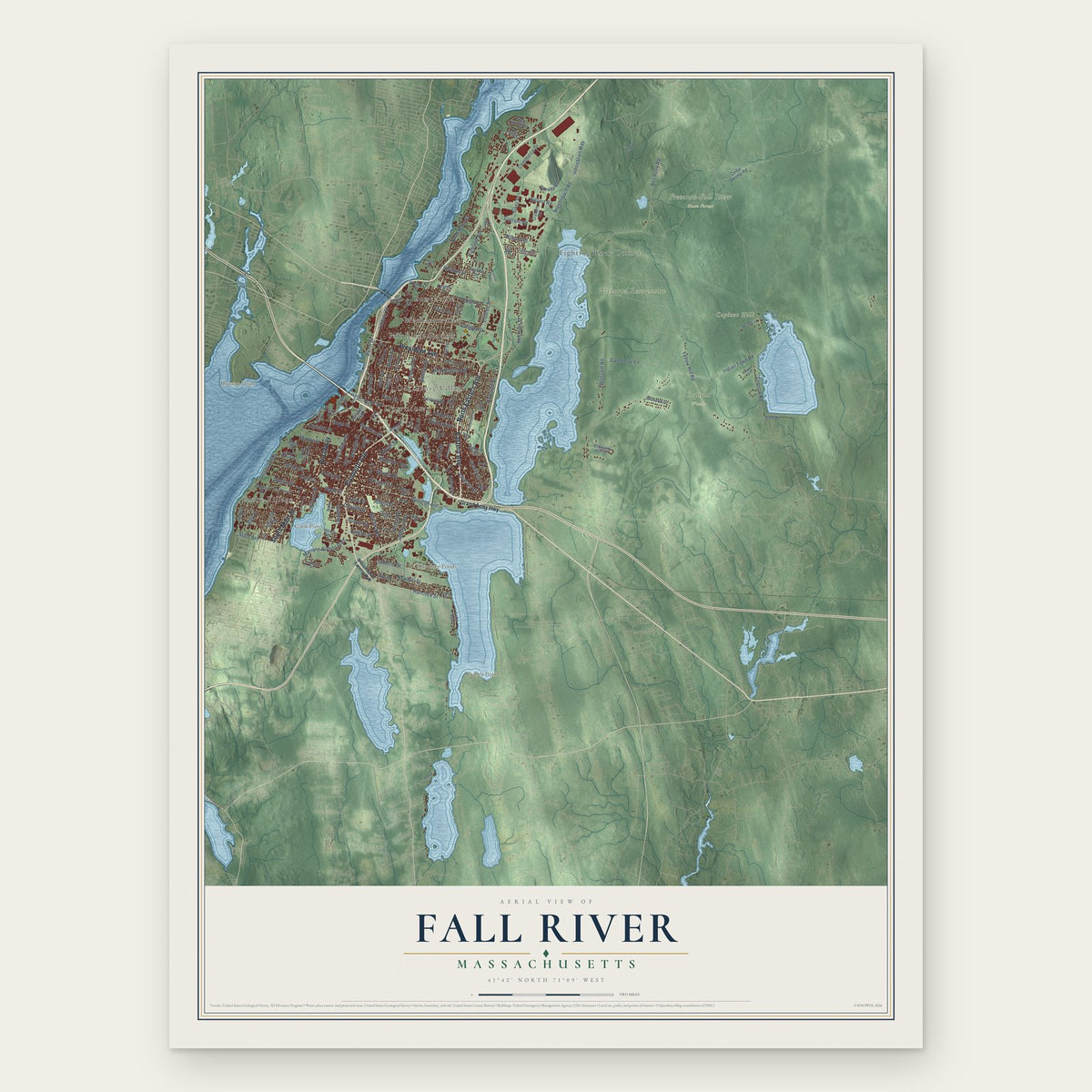 Fall River, Massachusetts map print, the full design