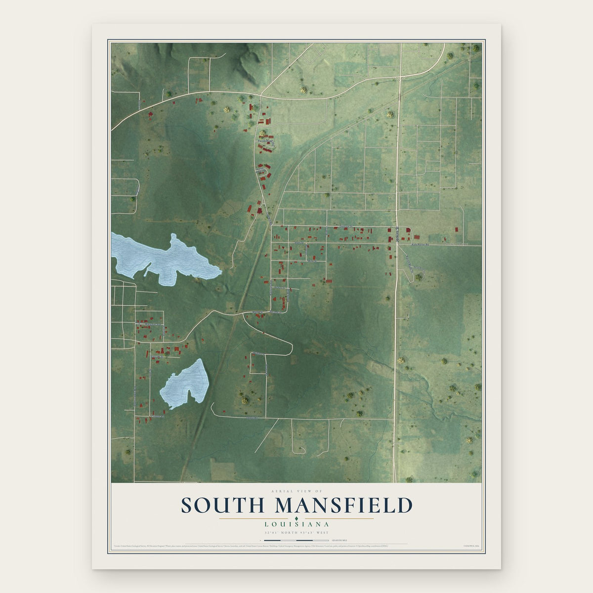 South Mansfield, Louisiana map print, the full design