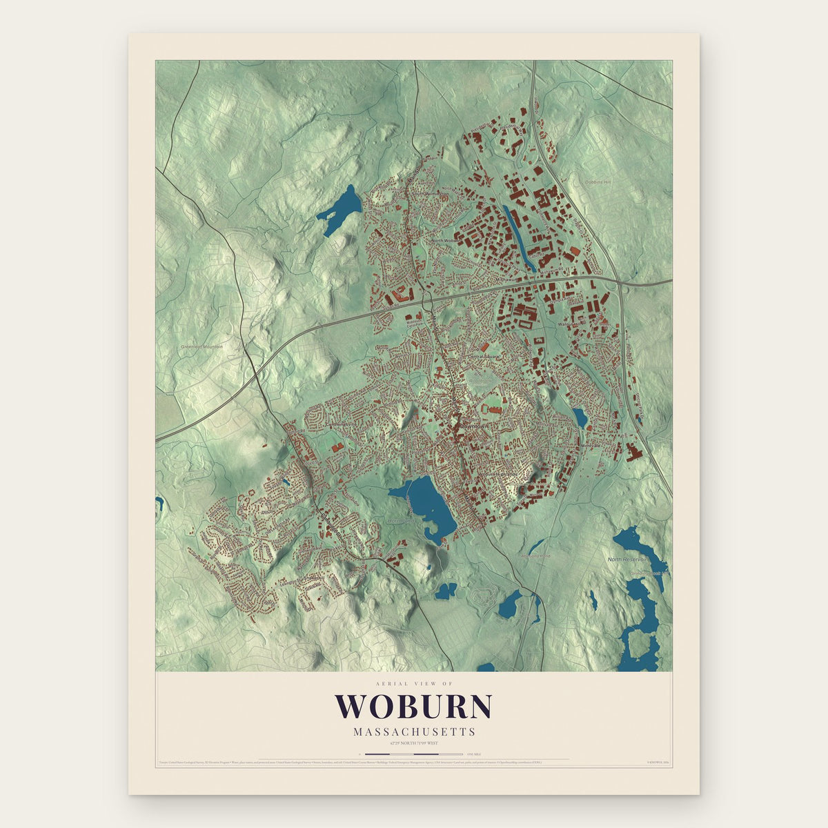 Woburn, Massachusetts map print, the full design