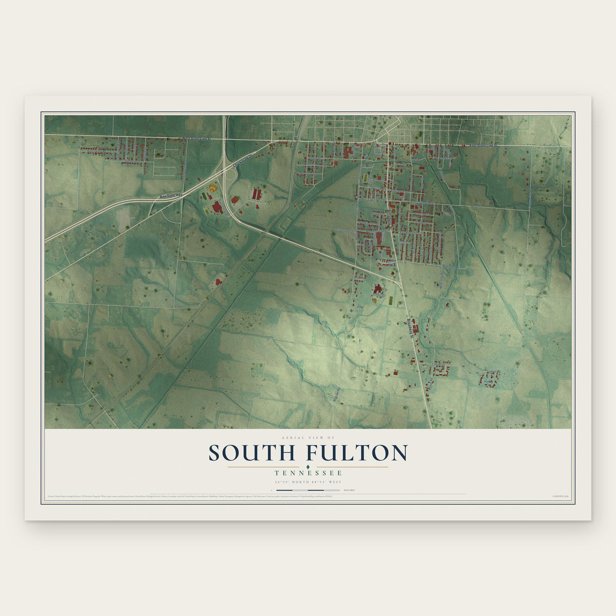 South Fulton, Tennessee map print, the full design