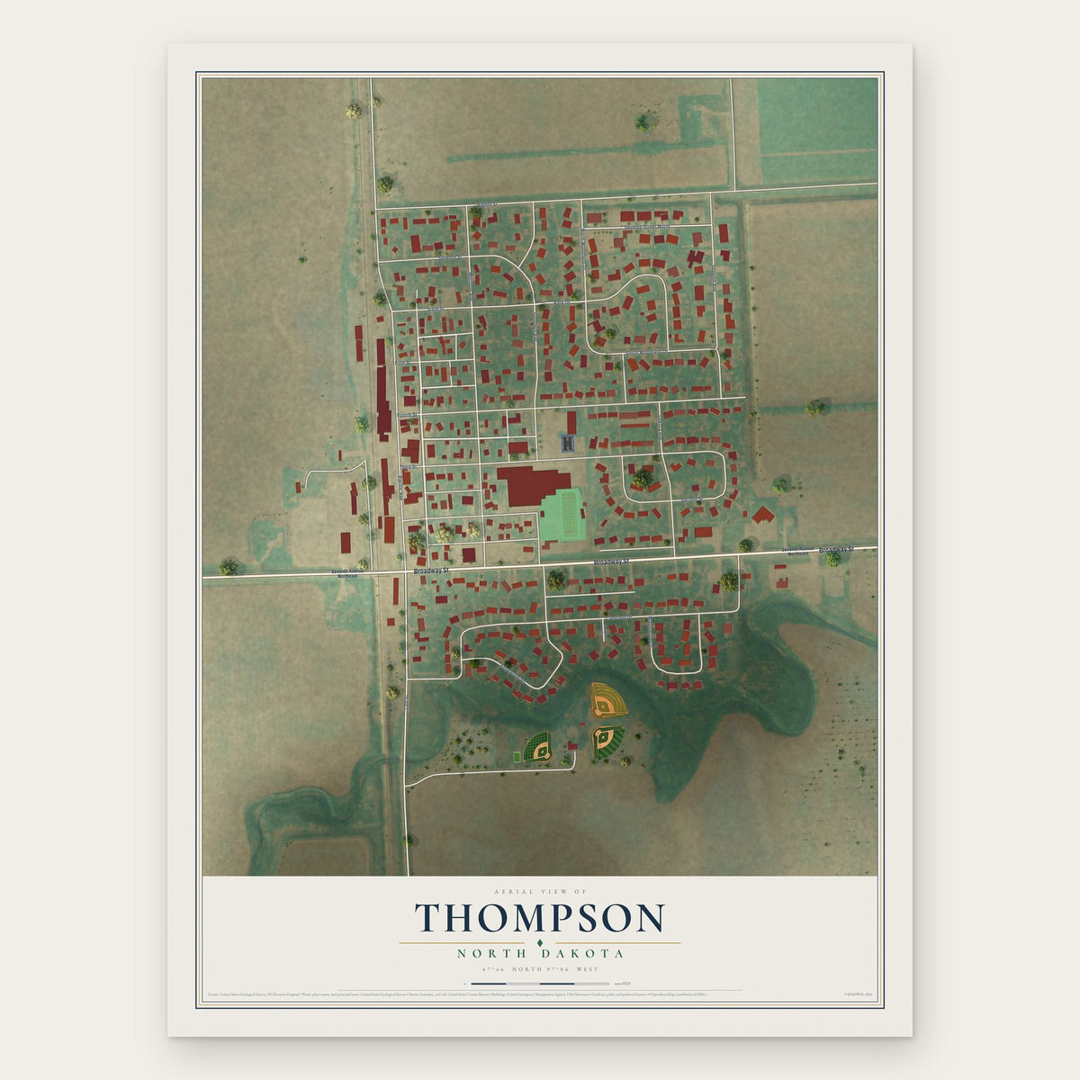 Thompson, North Dakota map print, the full design