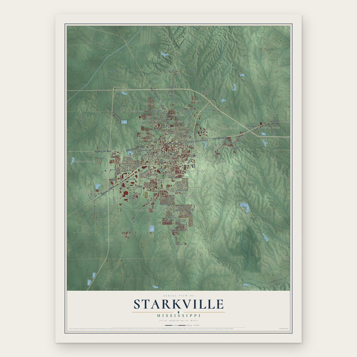 Starkville, Mississippi map print, the full design