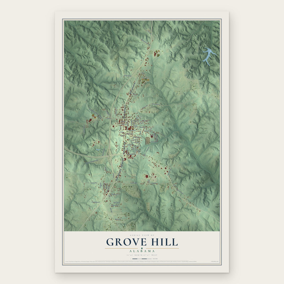 Grove Hill, Alabama map print, the full design