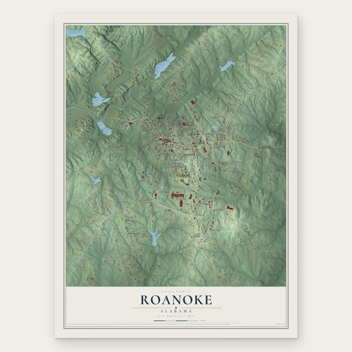 Roanoke, Alabama map print, the full design