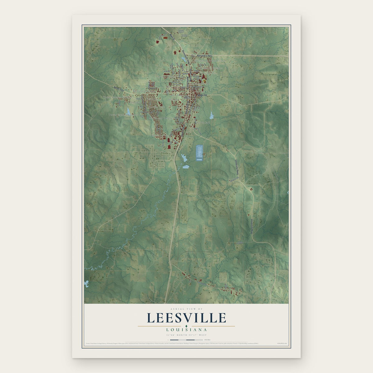 Leesville, Louisiana map print, the full design