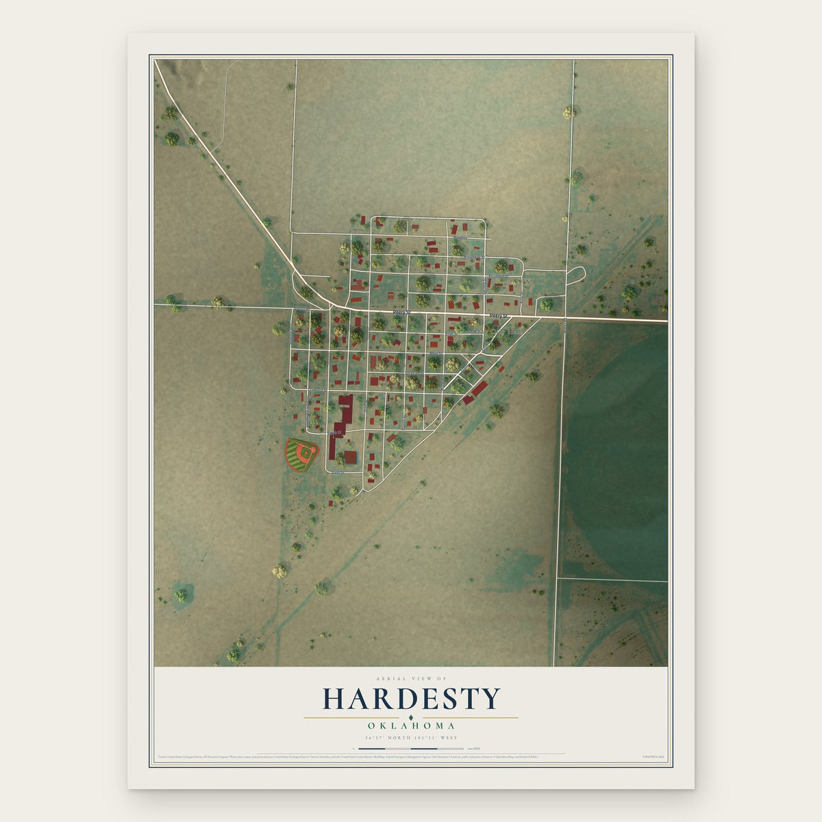Hardesty, Oklahoma map print, the full design