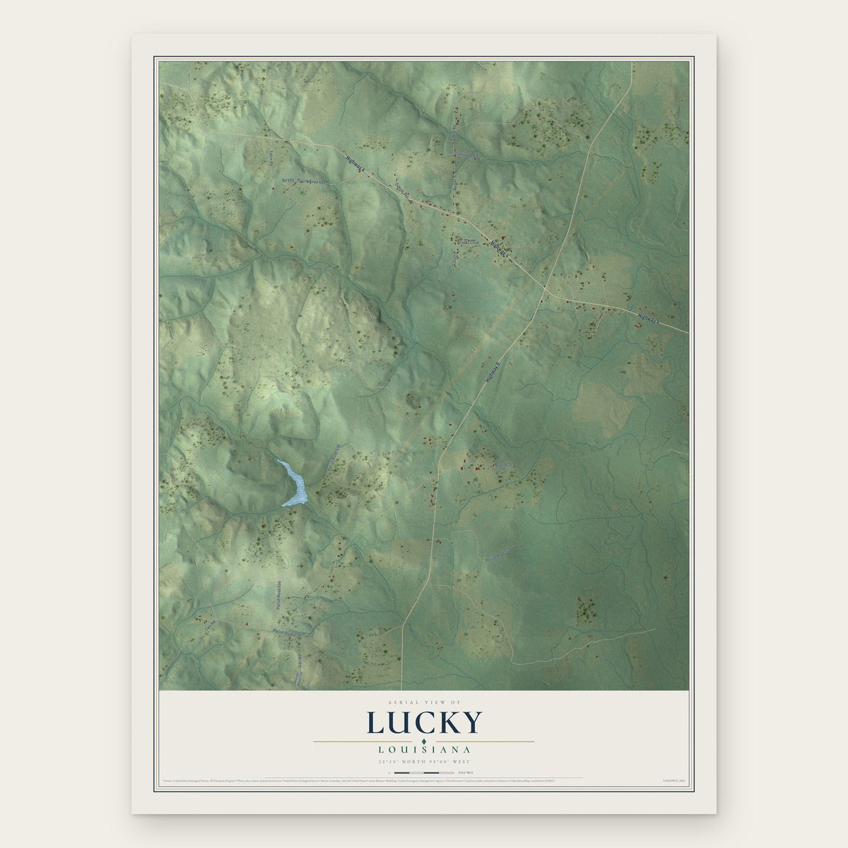 Lucky, Louisiana map print, the full design