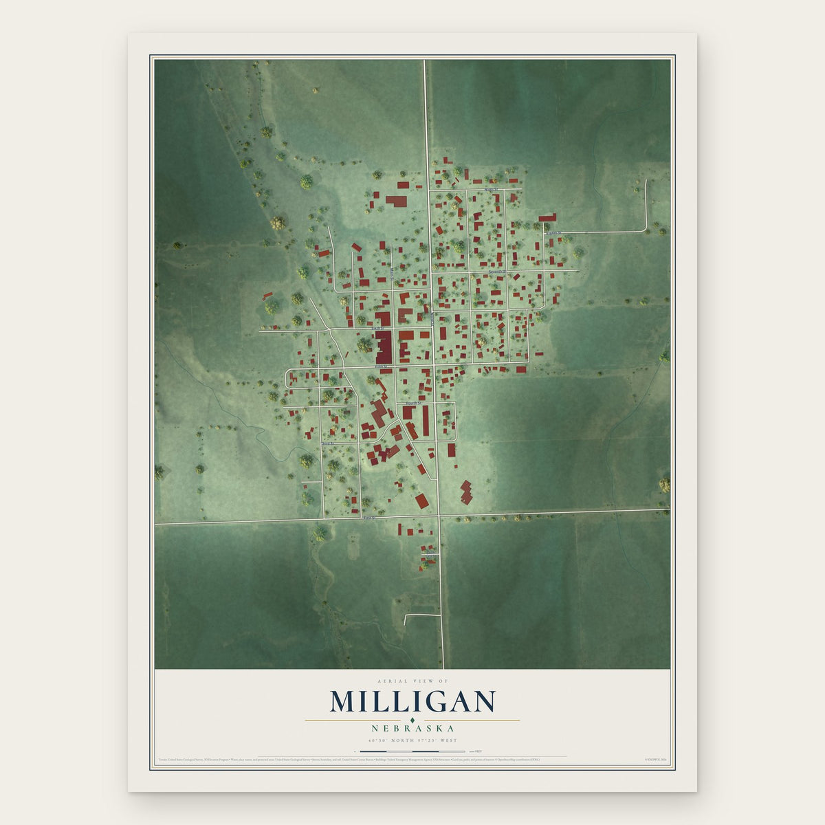 Milligan, Nebraska map print, the full design