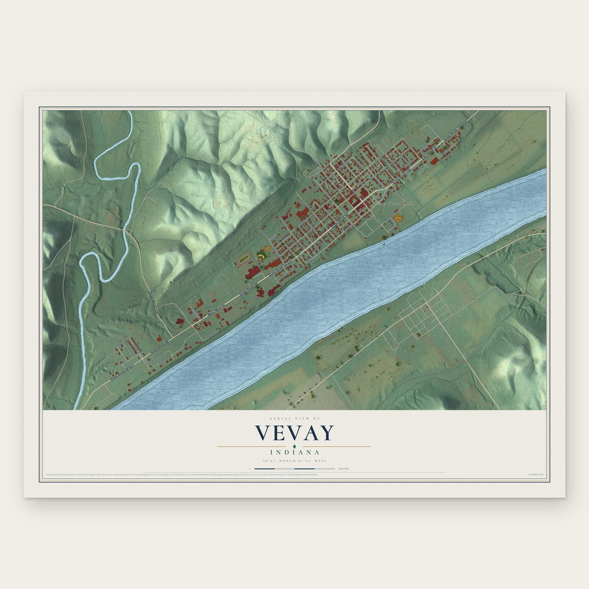 Vevay, Indiana map print, the full design