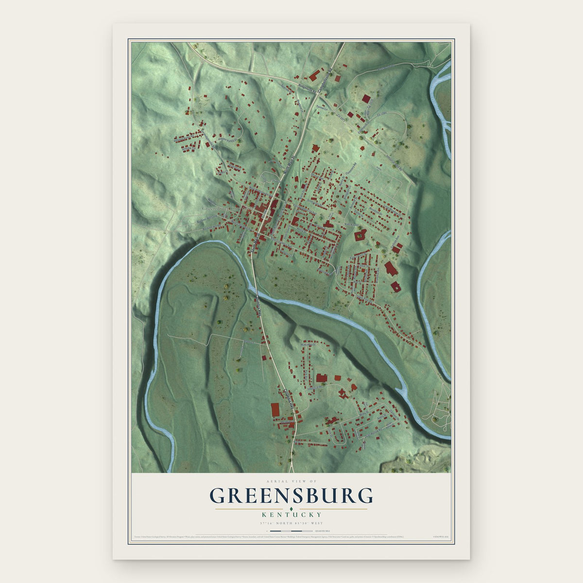 Greensburg, Kentucky map print, the full design